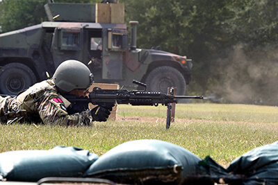 Sgt. Sidney Romero, a cavalry scout with the Nevada Army National Guard’s 1st Squadron, 221st Cavalry Regiment, fires an M-249 light machine gun during a “Stress Shoot.” During this event, Romero fired multiple weapons systems while under stressful conditions.